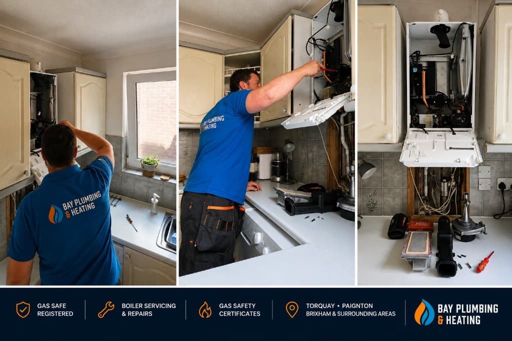 Bay Plumbing and Heating engineer carrying out a boiler service in a local kitchen