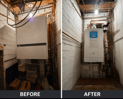 Before and after boiler replacement by Bay Plumbing & Heating in a Torquay home