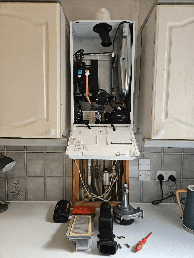 Open boiler casing during boiler repair diagnosis in Torquay