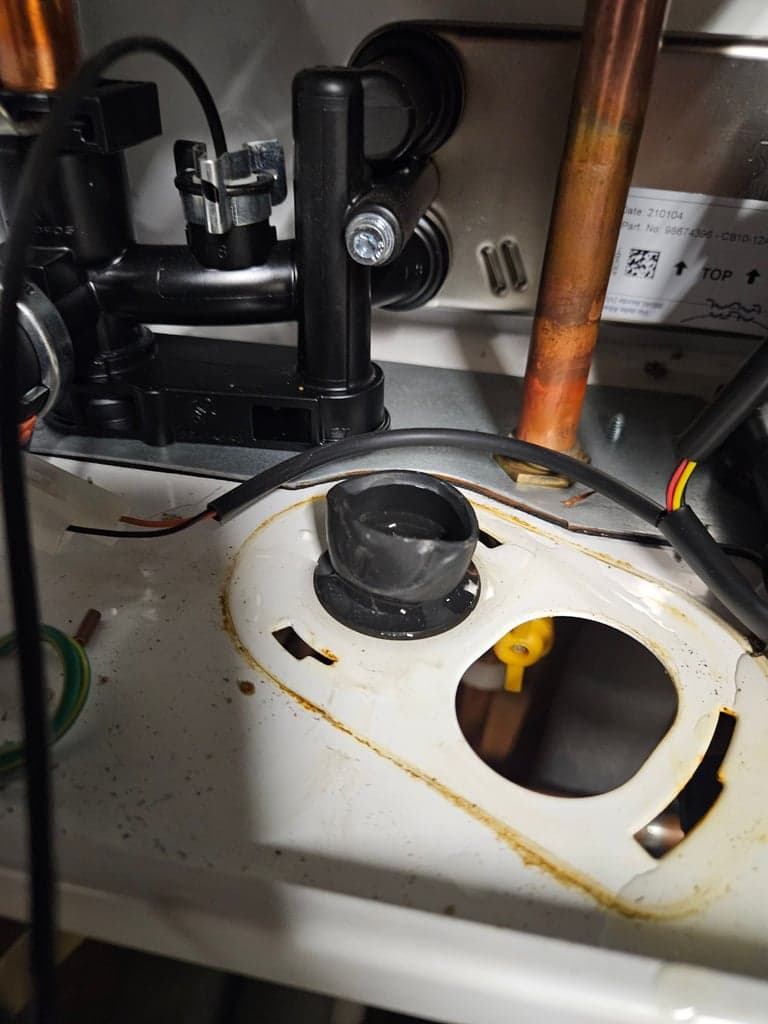 Condensate sump grommet leak found during boiler service in Newton Abbot
